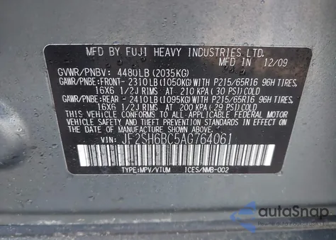 2010 Subaru Forester 2.5X from USA, damaged, VIN JF2SH6BC5AG764061